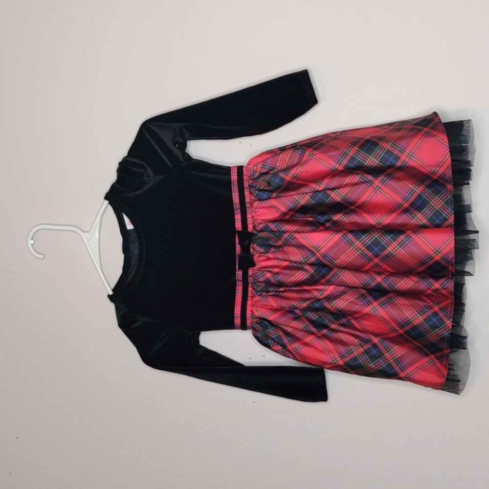 Cat & Jack Black Velvet bow Red Plaid tulle dress holiday Party Size XS (4/5)